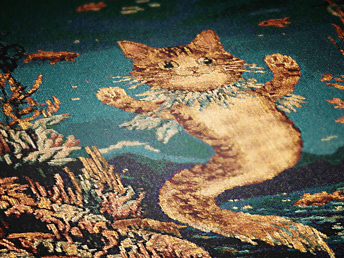 Mermaid Cat Jacquard Woven Blanket, Mermaidcore Wall Art, Siren on Beach, Selkie Retro Woven Throw Blanket Cross Stitch Inspired Wall Decor