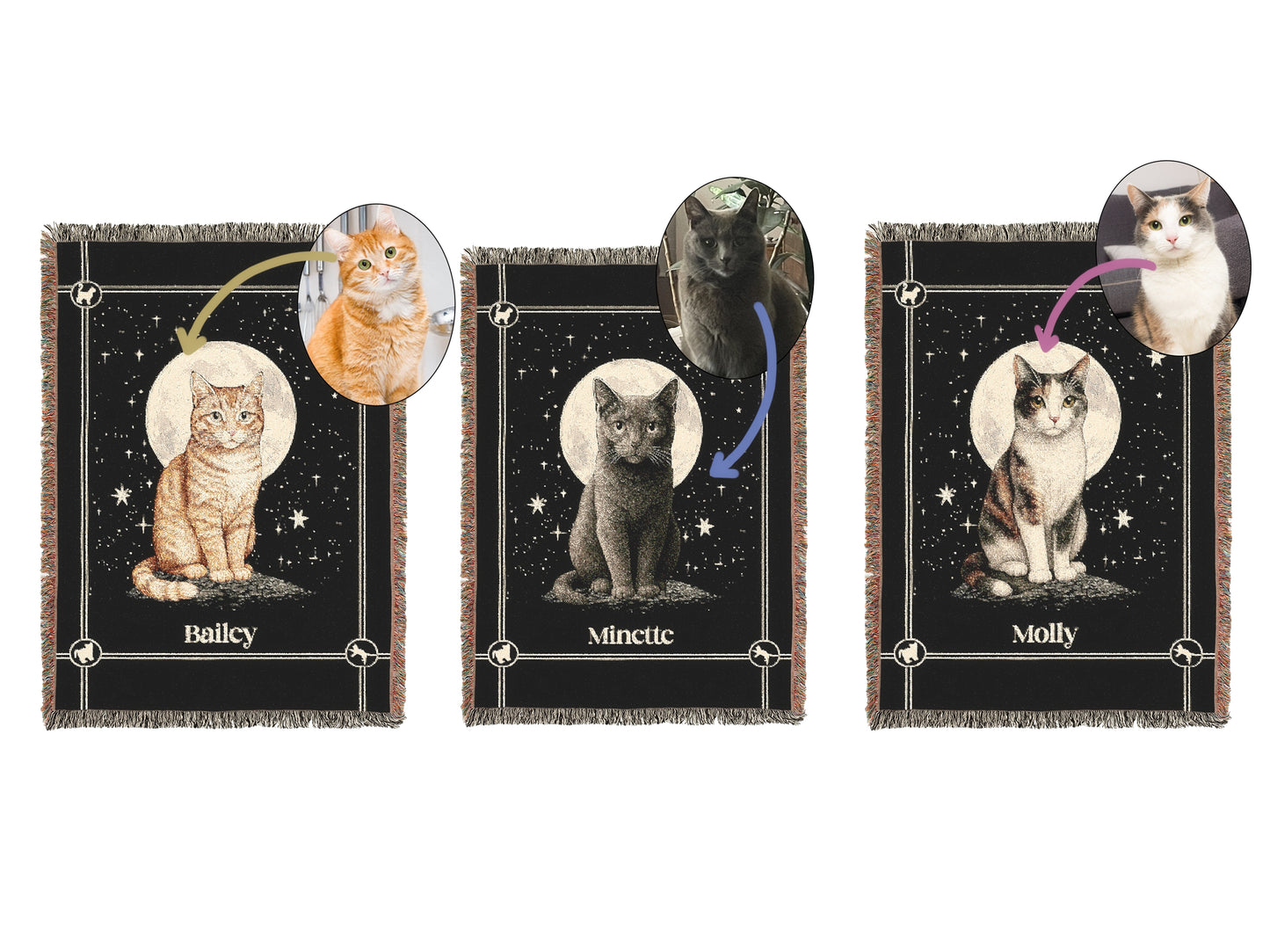 Personalized Cat Blanket, Custom Name Moon Large Tapestry, Pet Remembrance Decor, Celestial Cottagecore Whimsigoth Cat Wall Art