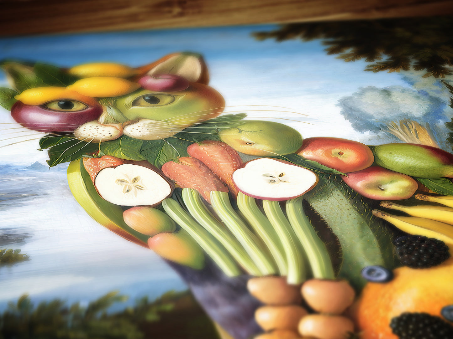 Fruity Cat, Antique Vegetable Cat Painting, Renaissance Food Portrait, Surreal Still Life Animal Art Print, Weirdcore Kitchen, Food Decor