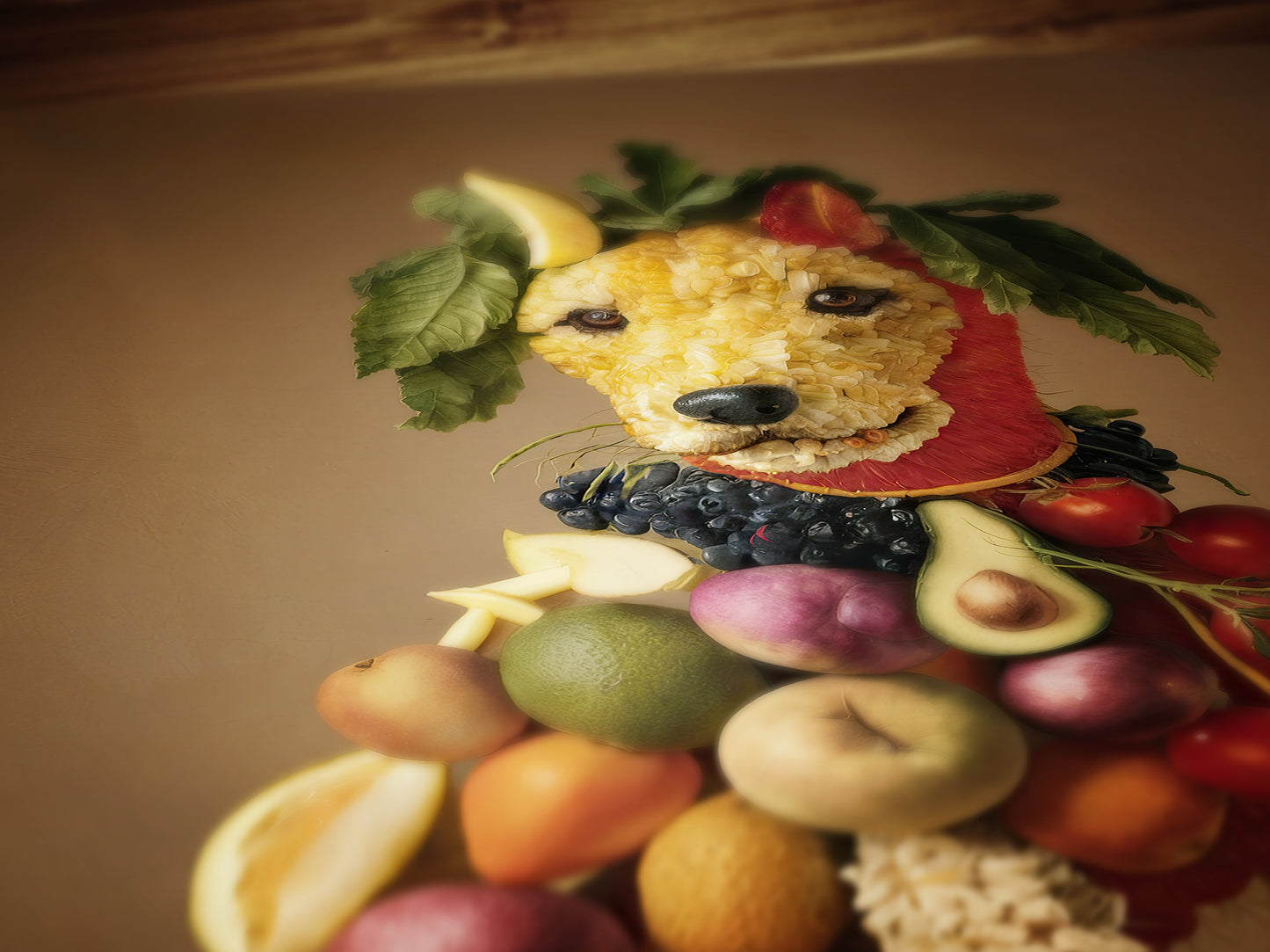 Fruity Puppy Poster, Antique Vegetable Dog Art Print, Renaissance Food Portrait, Surreal Animal Painting, Weirdcore Kitchen Poster Decor