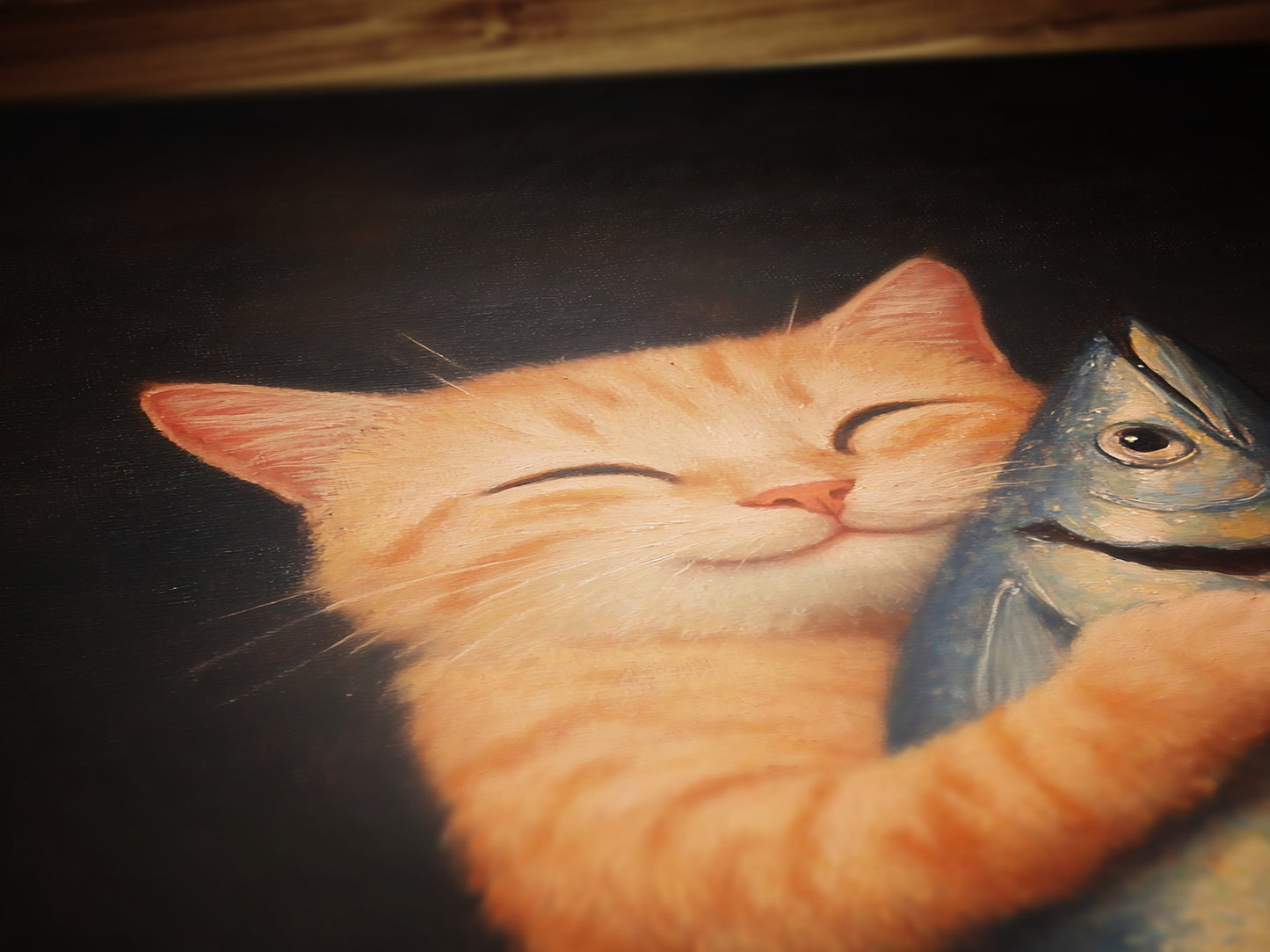 Cute Cat Art Painting, Funny Orange Tabby Feline Print Poster, Cat Lovers Gift & Wall Decor, Adorable Kitty Holding Fish, Playful Pet Gift