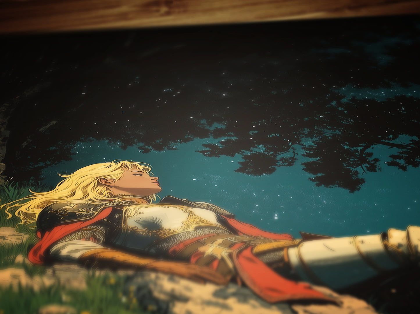 Celestial Lady Knight Art Print – Retro Medieval Goth Fantasy Wall Decor, Dark Gothic Warrior Poster, Cosmic Dreamscape Illustration