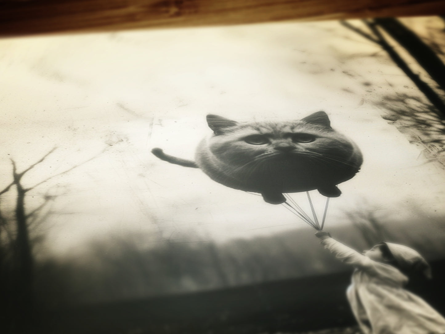 Girl Holding Giant Cat Balloon Print, Quirky Funny Cat Poster Forest Wall Art, Retro Moody Home Decor Gift, Cat Lover Gift