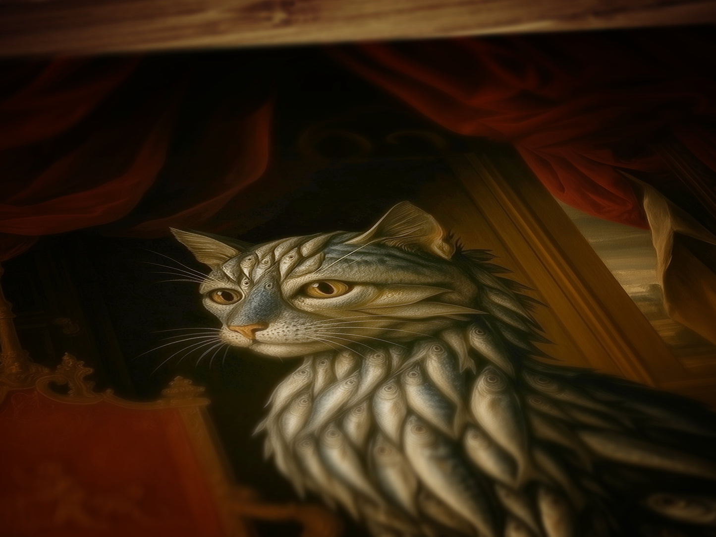 Sardine Catfish Kitten Art Print Poster, Whimsical Renaissance Food Portrait, Surreal Still Life Animal Wall Hanging, Weird Kitchen Decor