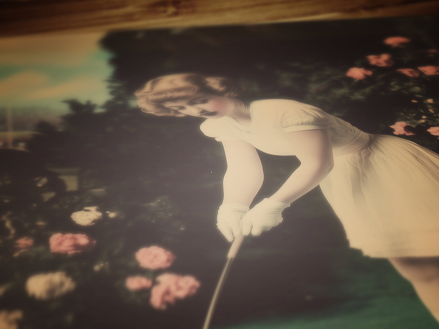 Whimsical Vintage Girl Playing Golf with Easter Eggs Art Print Poster for Dreamcore Nursery, Soft Academia, Pastel Cottagecore Wall Decor