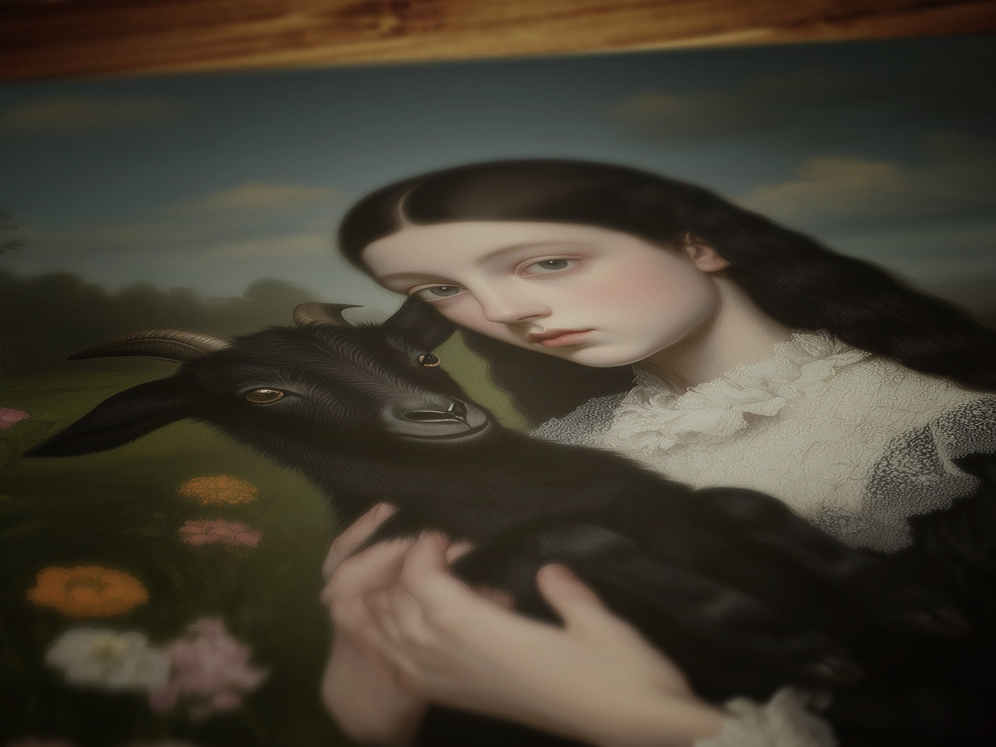 Gothic Woman Holding Black Goat, Baby Black Phillip, Whimsigoth Dark Baphomet Cottagecore Wall Decor, Witchy Painting Art Print Gift For Her