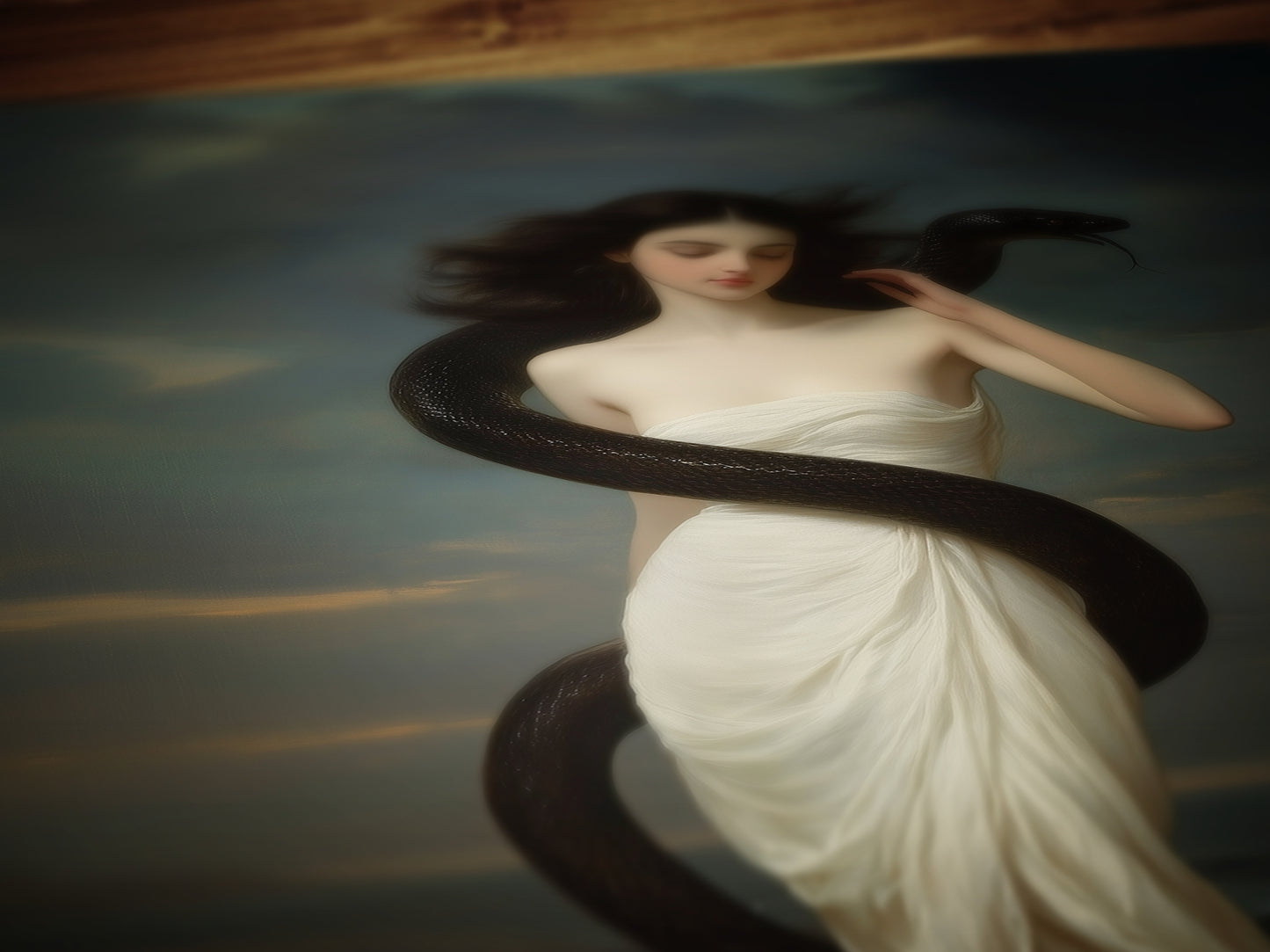 Serpent Muse, Ocean Goddess Art Print, Whimisigoth Witchy Mythical Woman Wrapped in Black Snake, Dark Romance Gothic Fantasy Wall Decor