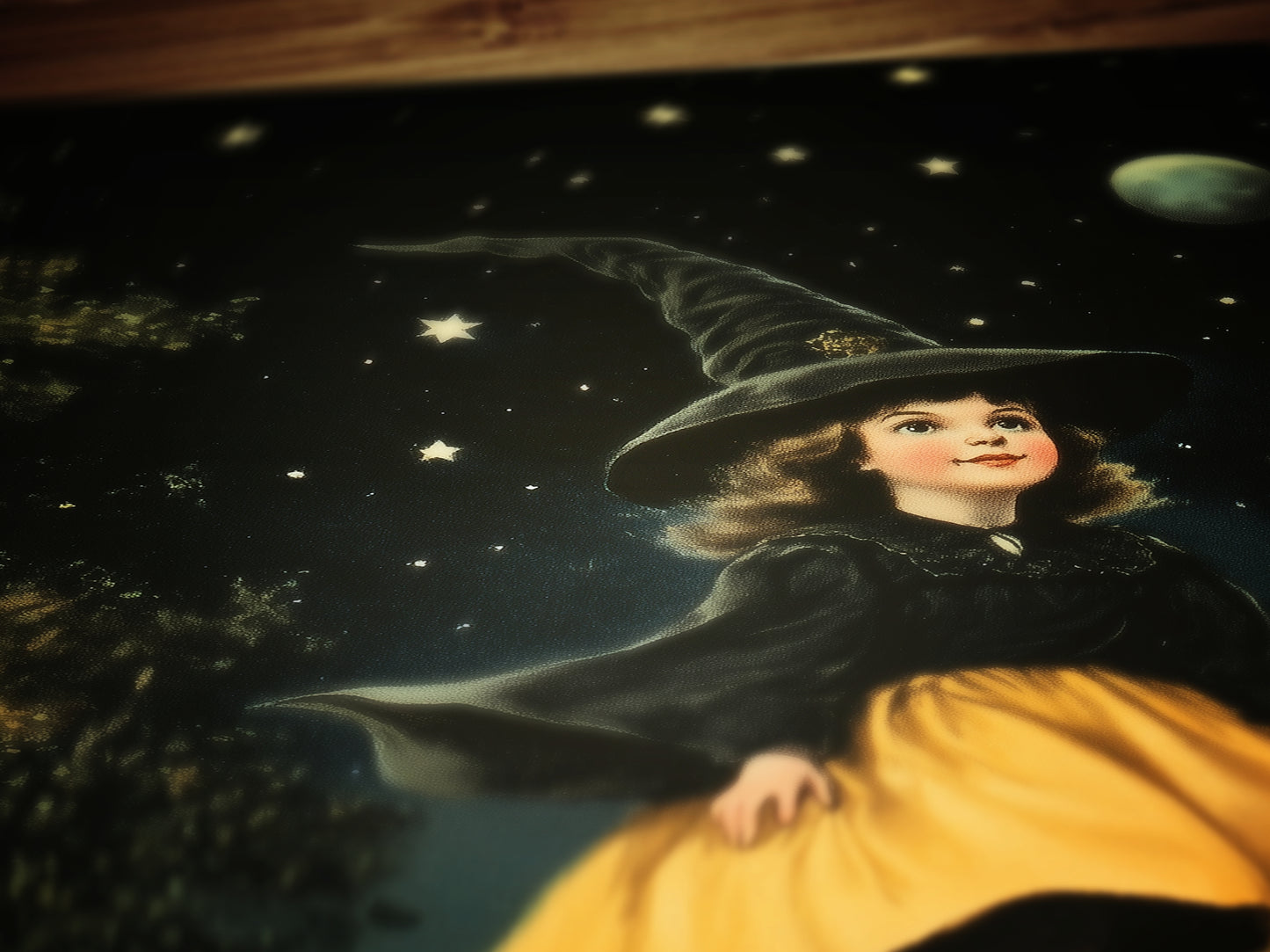 Vintage Halloween Little Witch Wall Art Print, Whimsigoth Decor, Cottagecore Poster, Flying Witch On Broom Painting, Spooky Season Vibes
