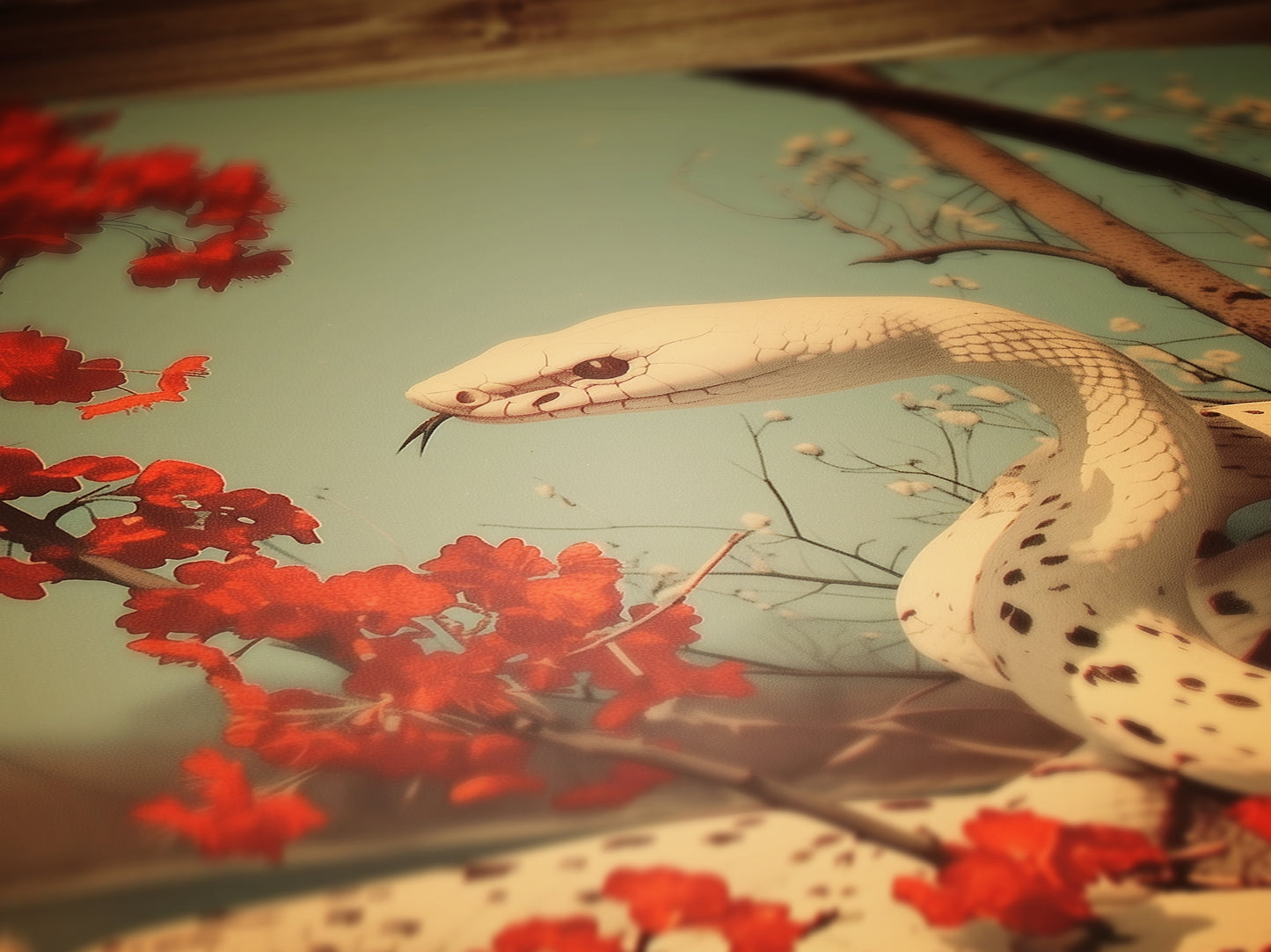 Vintage White Snake Wall Art Print, Albino Serpent Python Poster with Floral Accents, Gothic Dark Academia Aesthetic Room Decor, 新年快乐