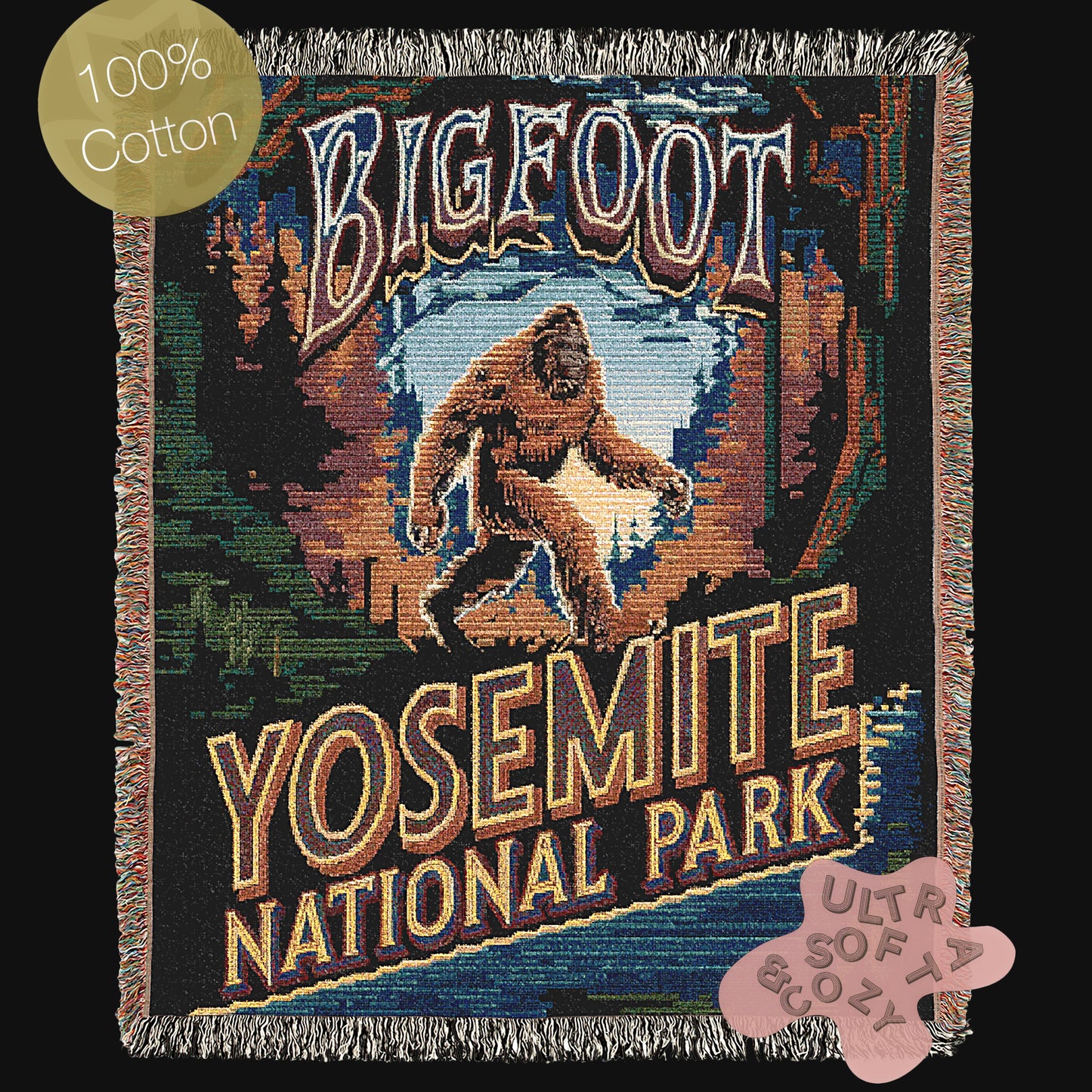 Jacquard Woven Bigfoot Blanket, Retro Sasquatch Cross Stitch Inspired Cryptid Cotton Tapestry, Spooky Monster Decor, Cryptozoology Gift