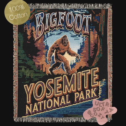 Jacquard Woven Bigfoot Blanket, Retro Sasquatch Cross Stitch Inspired Cryptid Cotton Tapestry, Spooky Monster Decor, Cryptozoology Gift