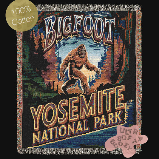 Jacquard Woven Bigfoot Blanket, Retro Sasquatch Cross Stitch Inspired Cryptid Cotton Tapestry, Spooky Monster Decor, Cryptozoology Gift