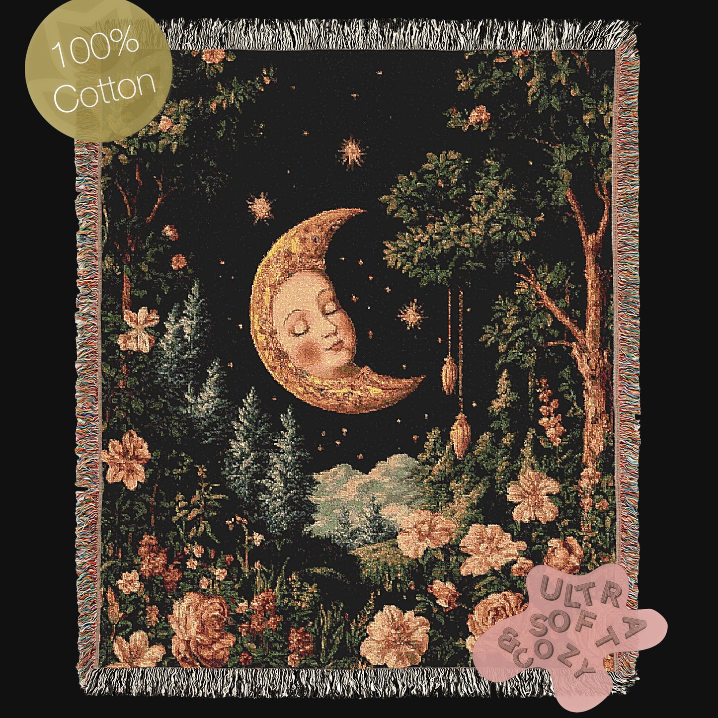 Celestial Moon Woven Blanket, Boho Astrology Whimsical Tapestry Throw, Mystical Whimsigoth Throw, Cozy Bohemian Home Decor Gift