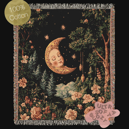 Celestial Moon Woven Blanket, Boho Astrology Whimsical Tapestry Throw, Mystical Whimsigoth Throw, Cozy Bohemian Home Decor Gift