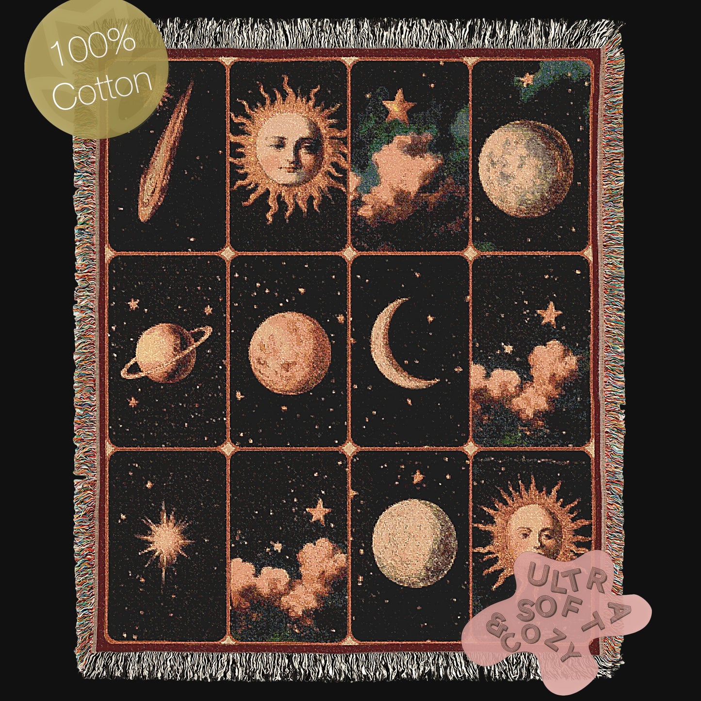 Celestial Astronomy Woven Blanket, Boho Whimsical Planets Tapestry Throw, Mystical Whimsigoth Throw, Cozy Bohemian Home Decor Gift