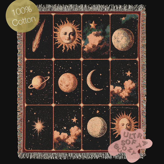 Celestial Astronomy Woven Blanket, Boho Whimsical Planets Tapestry Throw, Mystical Whimsigoth Throw, Cozy Bohemian Home Decor Gift