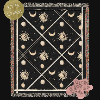 Celestial Sun And Moon Woven Blanket, Boho Whimsical Tapestry Throw, Mystical Whimsigoth Checkerboard Throw, Cozy Bohemian Home Decor Gift