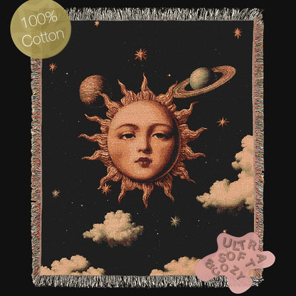 Celestial Sun And Moon Woven Blanket, Boho Whimsical Tapestry Throw, Mystical Whimsigoth Throw, Cozy Bohemian Home Decor Gift