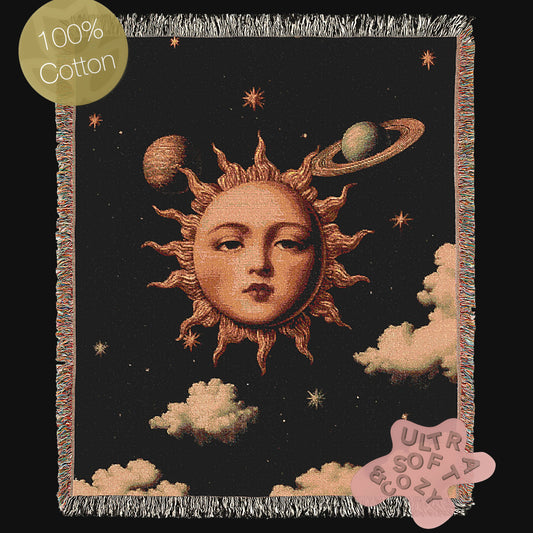 Celestial Sun And Moon Woven Blanket, Boho Whimsical Tapestry Throw, Mystical Whimsigoth Throw, Cozy Bohemian Home Decor Gift
