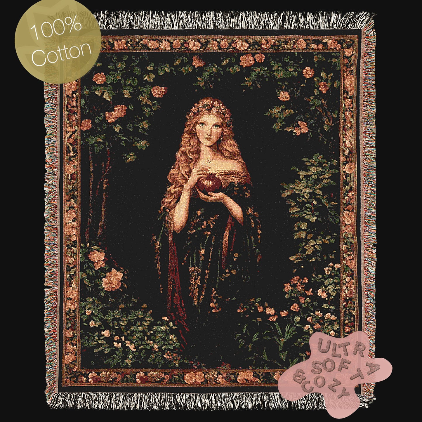 Persephone And The Pomegrante Woven Throw Blanket, Greek Mythology Goddes of the Underworld, Large Wall Tapestry, Witchcore Whimsigoth Decor