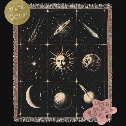 Celestial Sun And Moon Woven Blanket, Boho Whimsical Large Tapestry Throw, Mystical Whimsigoth Checkerboard Throw, Astrology Home Decor Gift