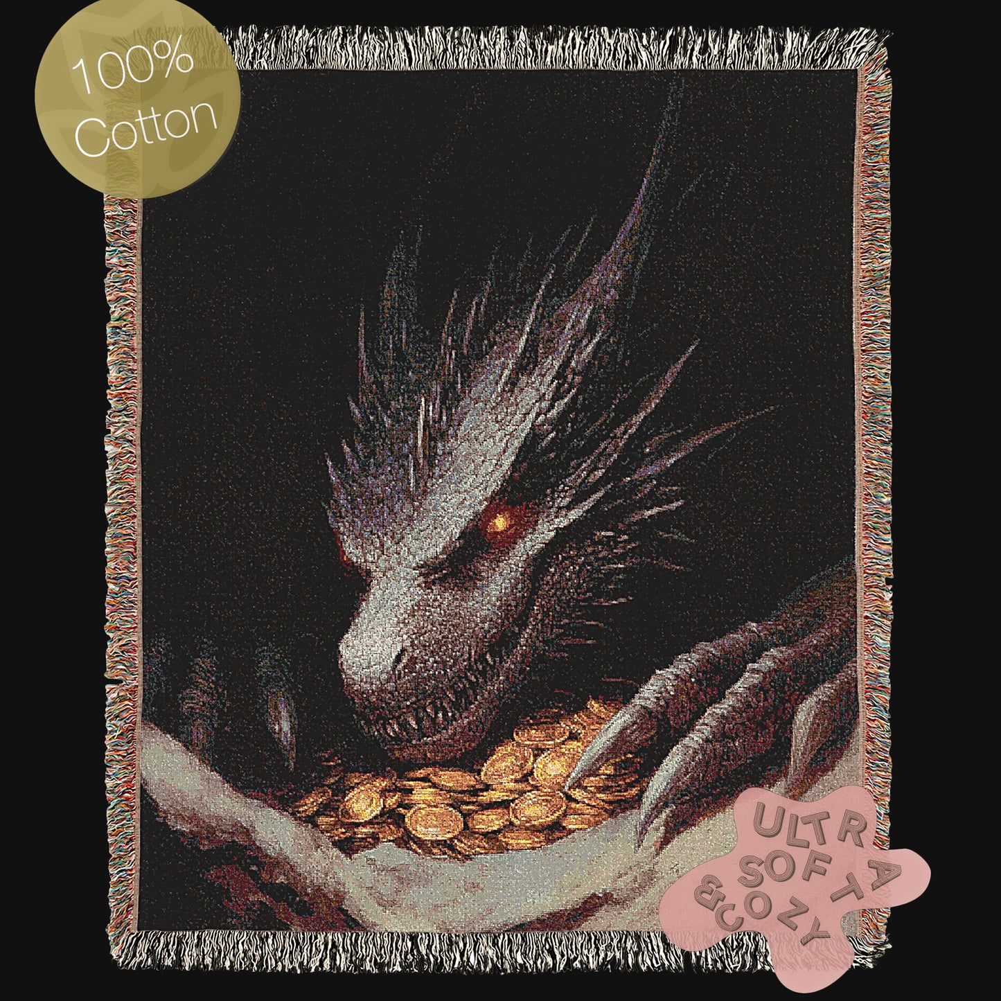 Fantasy Dragon Blanket Gold Hoard Large Tapestry Throw, TOG LOTR Gothic Medieval Decor, Bedding Bookish Nook Art Dark Academia Gift