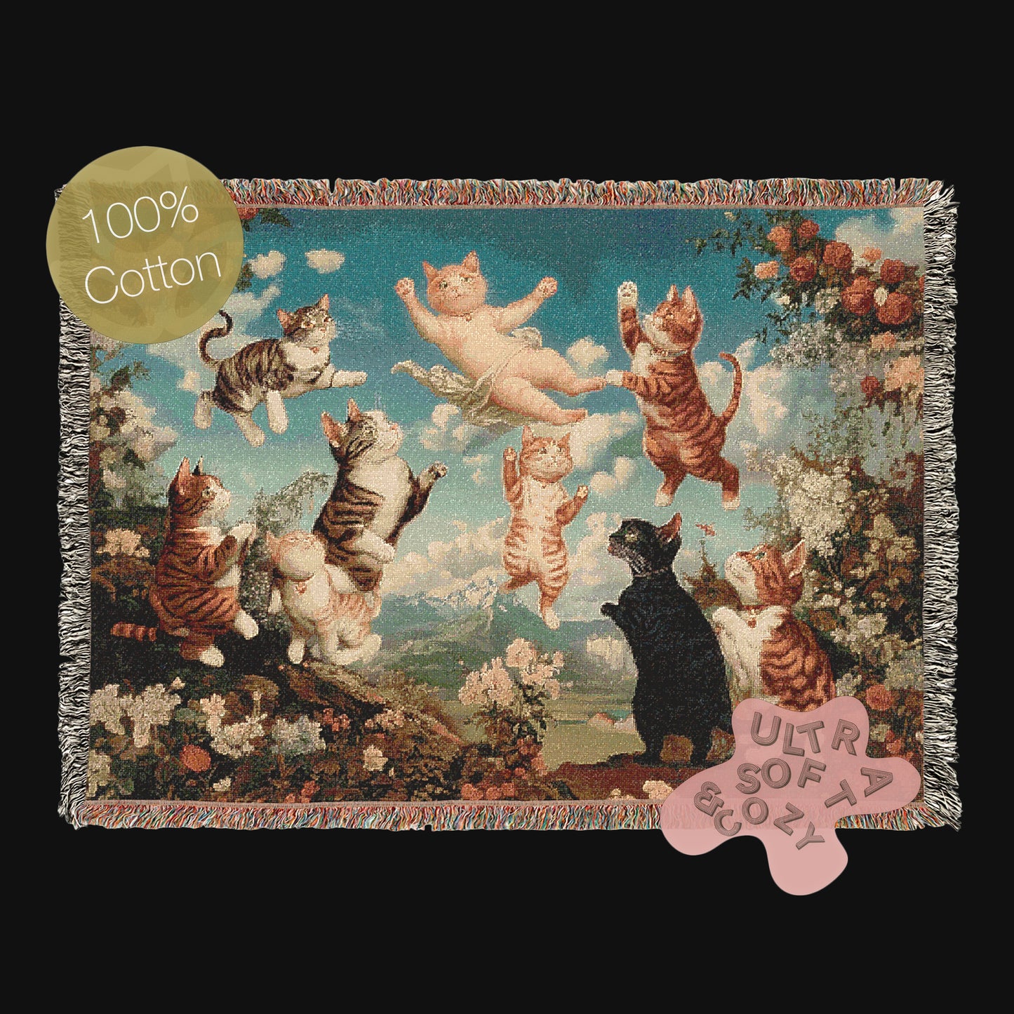 Vintage Cat Cherubs Woven Tapestry | Whimsical Decorative Woven Tapestry | Retro Art Nouveau-Inspired Cat Throw Blanket