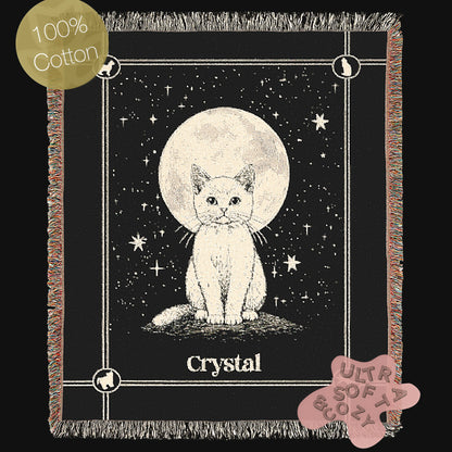 Personalized Cat Blanket, Custom Name Moon Large Tapestry, Pet Remembrance Decor, Celestial Cottagecore Whimsigoth  Cat Wall Art