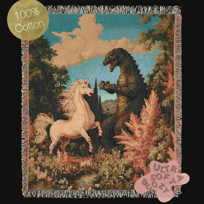Epic Unicorn vs Godzilla Woven Blanket, Funny Whimsical Gojira Fantasy Large Tapestry Throw, Surreal Vintage Creature Battle Decor Gift