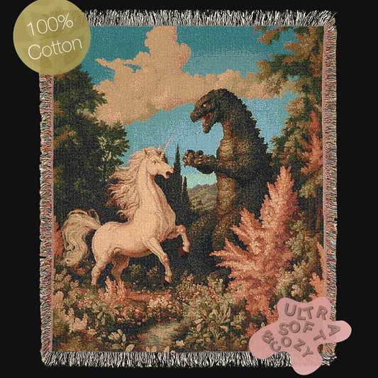 Epic Unicorn vs Godzilla Woven Blanket, Funny Whimsical Gojira Fantasy Large Tapestry Throw, Surreal Vintage Creature Battle Decor Gift