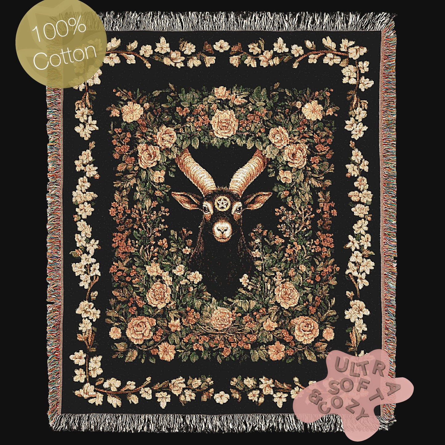 Black Phillip Woven Blanket, Mythical Baphomet Nature Tapestry Throw, Moody Cottagecore Whimsigoth Botanical Home Decor, Witchy Gift