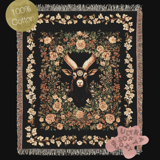 Black Phillip Woven Blanket, Mythical Baphomet Nature Tapestry Throw, Moody Cottagecore Whimsigoth Botanical Home Decor, Witchy Gift