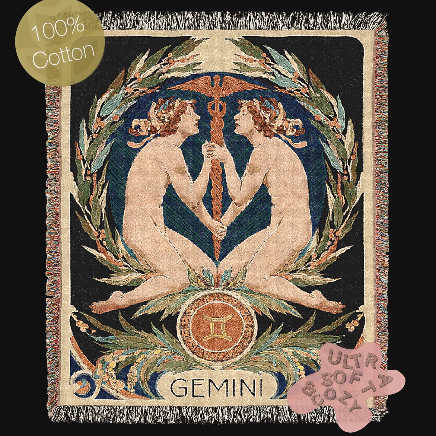 Art Nouveau Zodiac Gemini Woven Fringe Blanket