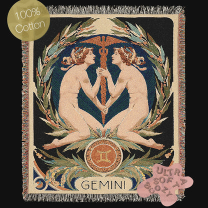 Art Nouveau Zodiac Gemini Woven Fringe Blanket