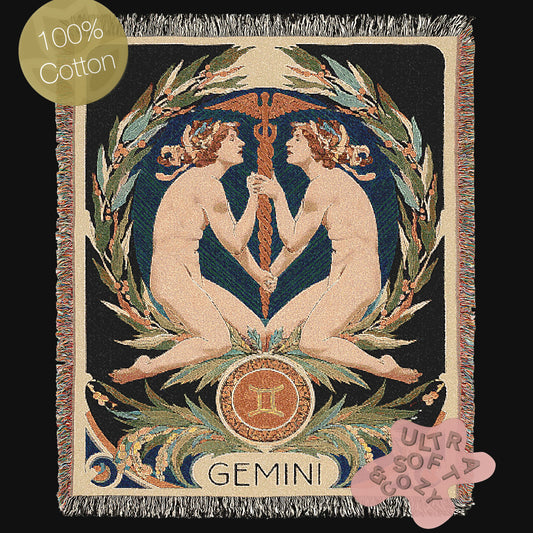 Art Nouveau Zodiac Woven Fringe Blanket, Gemini Tapestry, Zodiac Astro Signs Oversized Blanket, Woven Fringe Throw, Gemini Gift
