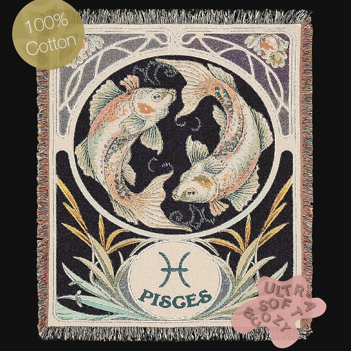 Art Nouveau Zodiac Pisces Woven Fringe Blanket