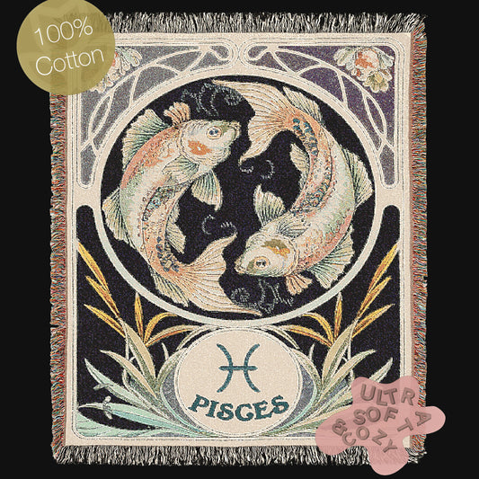 Art Nouveau Zodiac Woven Fringe Blanket, Pisces Tapestry, Zodiac Astro Signs Oversized Blanket, Woven Fringe Throw, Pisces Gift