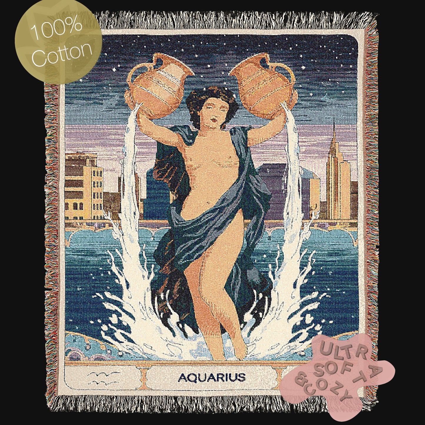 Art Nouveau Zodiac Aquarius Woven Fringe Blanket