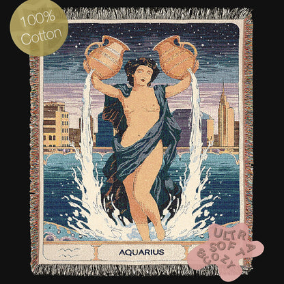 Art Nouveau Zodiac Aquarius Woven Fringe Blanket