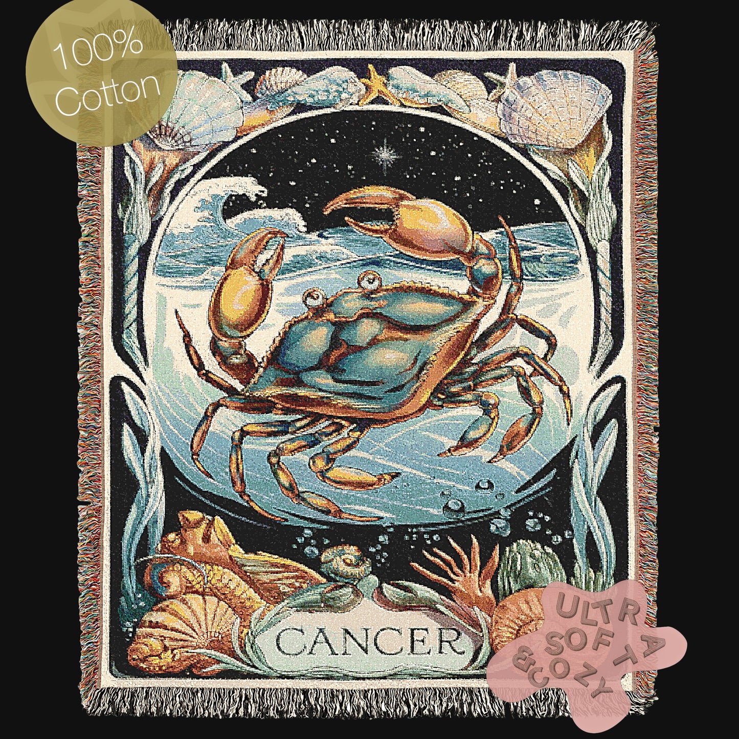 Art Nouveau Zodiac Cancer Woven Fringe Blanket