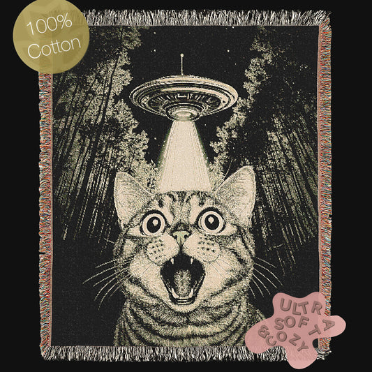 UFO Cat Abduction, Jacquard Woven Blanket, UFO Cat Selfie Funny Tapestry, Alien Home Wall Hanging Decor, Cat Lover Gifts
