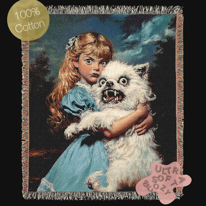 Creepy Girl and her Ugly Dog Jacquard Woven Tapestry, Kitsch Victorian Goth Wall Hanging, Surreal Weird Dog Owner Gift, Cute Winter Blanket
