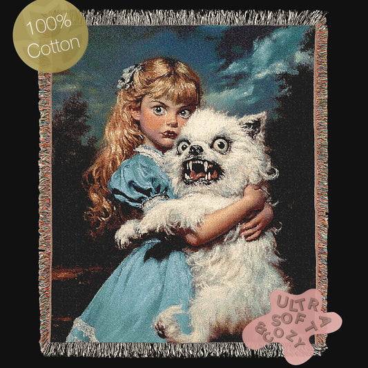 Creepy Girl and her Ugly Dog Jacquard Woven Tapestry, Kitsch Victorian Goth Wall Hanging, Surreal Weird Dog Owner Gift, Cute Winter Blanket