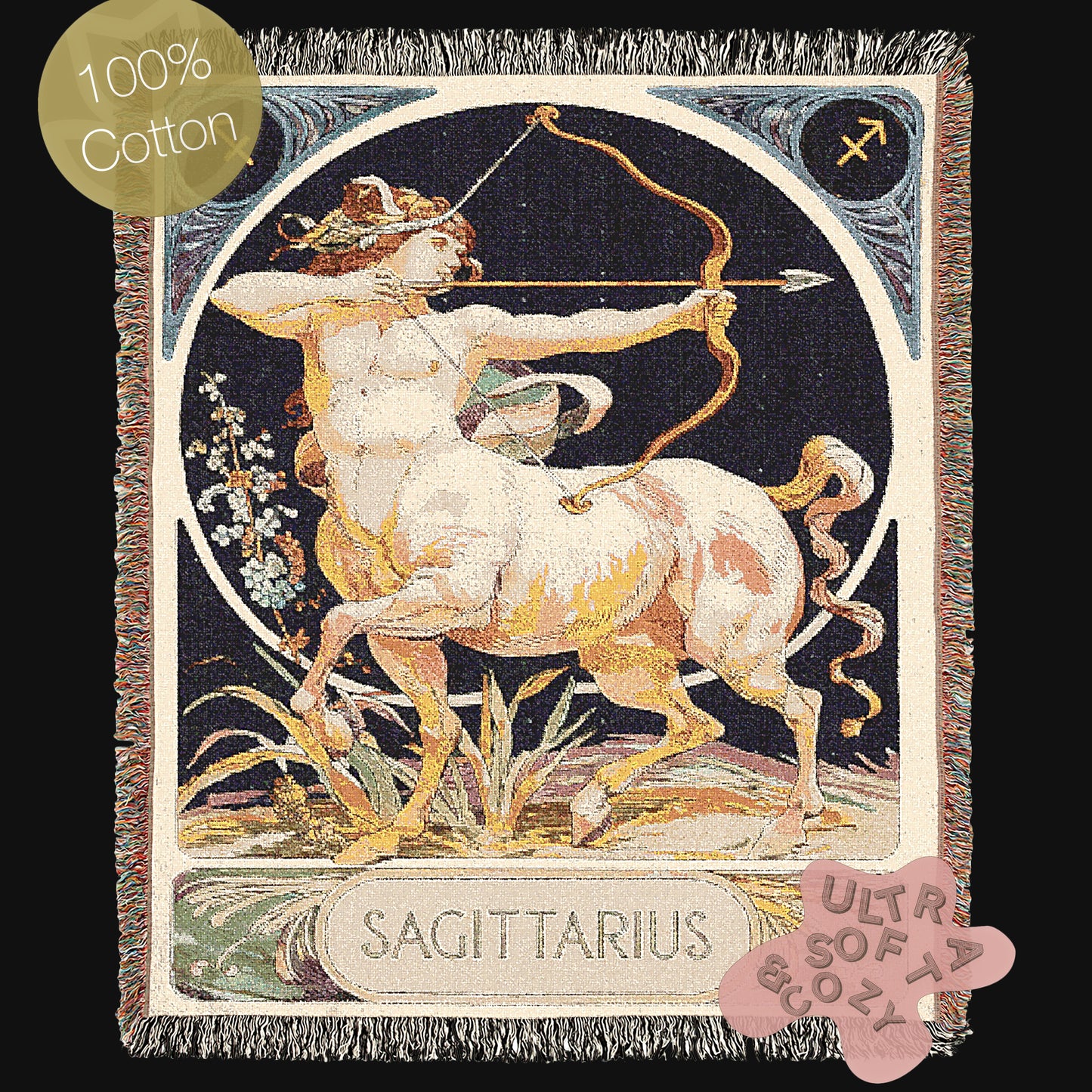Art Nouveau Zodiac Sagittarius Woven Fringe Blanket