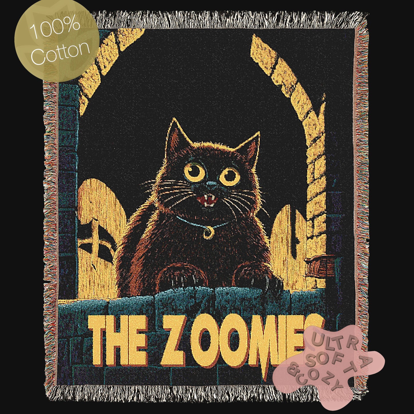 The Zoomies, Playful Black Cat Woven Throw Blanket, Horror Movie Inspired Jacquard Tapestry, Cozy Dark Home Decor, Cat Lover Gift
