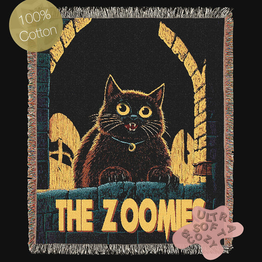 The Zoomies, Playful Black Cat Woven Throw Blanket, Horror Movie Inspired Jacquard Tapestry, Cozy Dark Home Decor, Cat Lover Gift