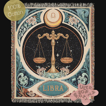 Art Nouveau Zodiac Woven Fringe Blanket, Libra Tapestry, Zodiac Astro Signs Oversized Blanket, Woven Fringe Throw, Libra Gift