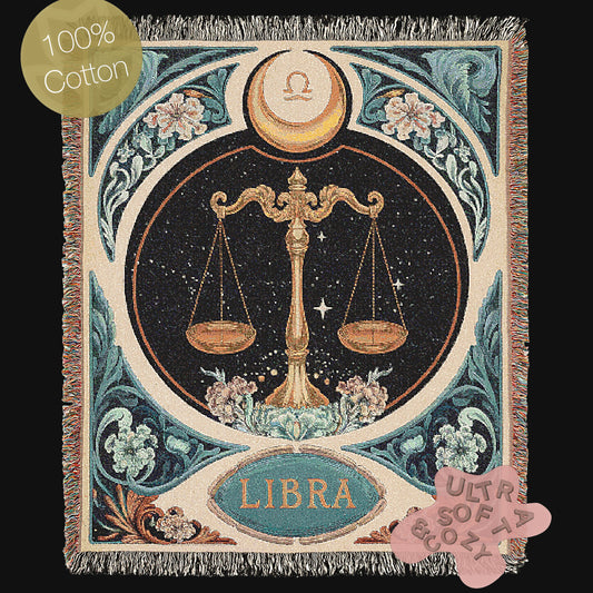 Art Nouveau Zodiac Woven Fringe Blanket, Libra Tapestry, Zodiac Astro Signs Oversized Blanket, Woven Fringe Throw, Libra Gift