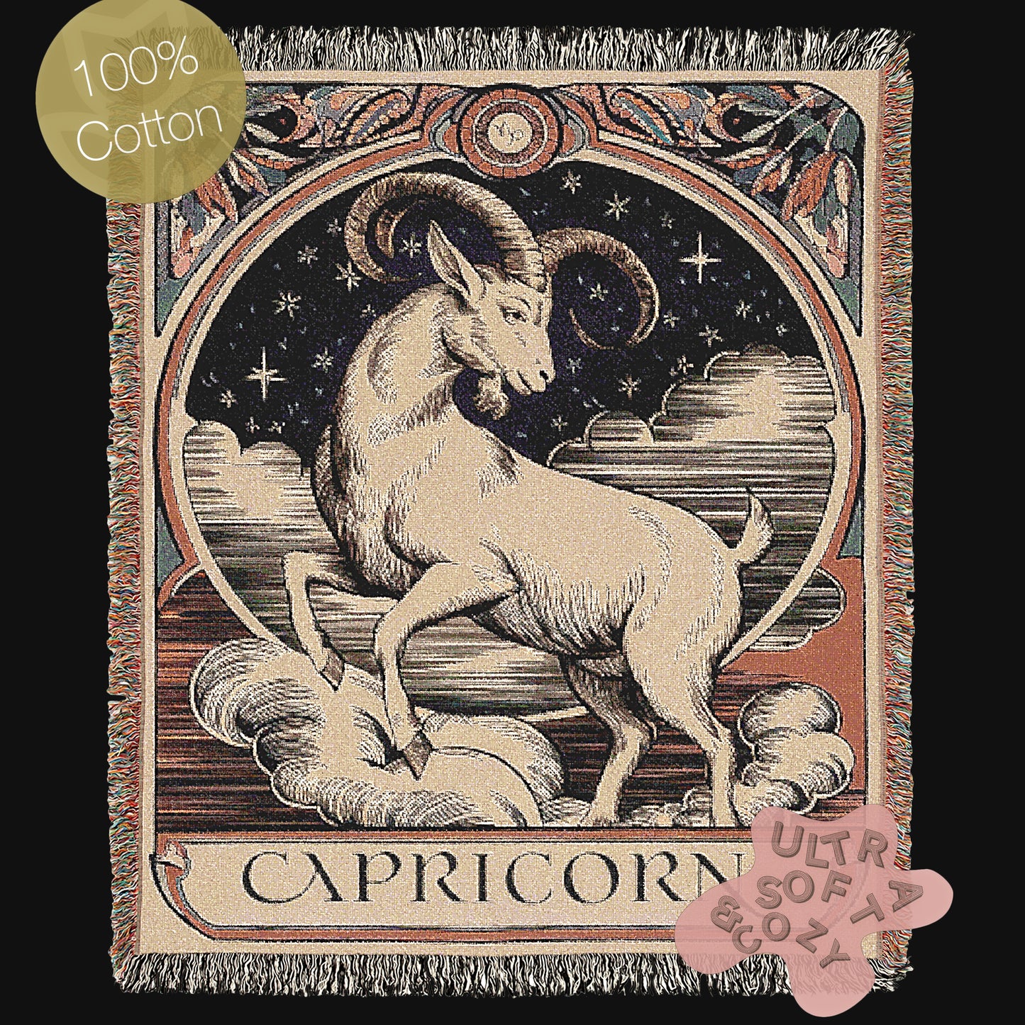 Art Nouveau Zodiac Capricorn Woven Fringe Blanket