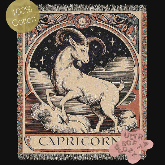 Art Nouveau Zodiac Woven Fringe Blanket, Capricorn Tapestry, Zodiac Astro Signs Oversized Blanket, Woven Fringe Throw, Capricorn Gift